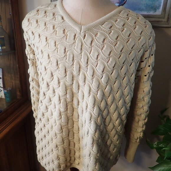 Marc Cain Wool Blend Beige Chunky Knit Open V-Neck Sweater Size N4 (44") - Picture 1 of 6